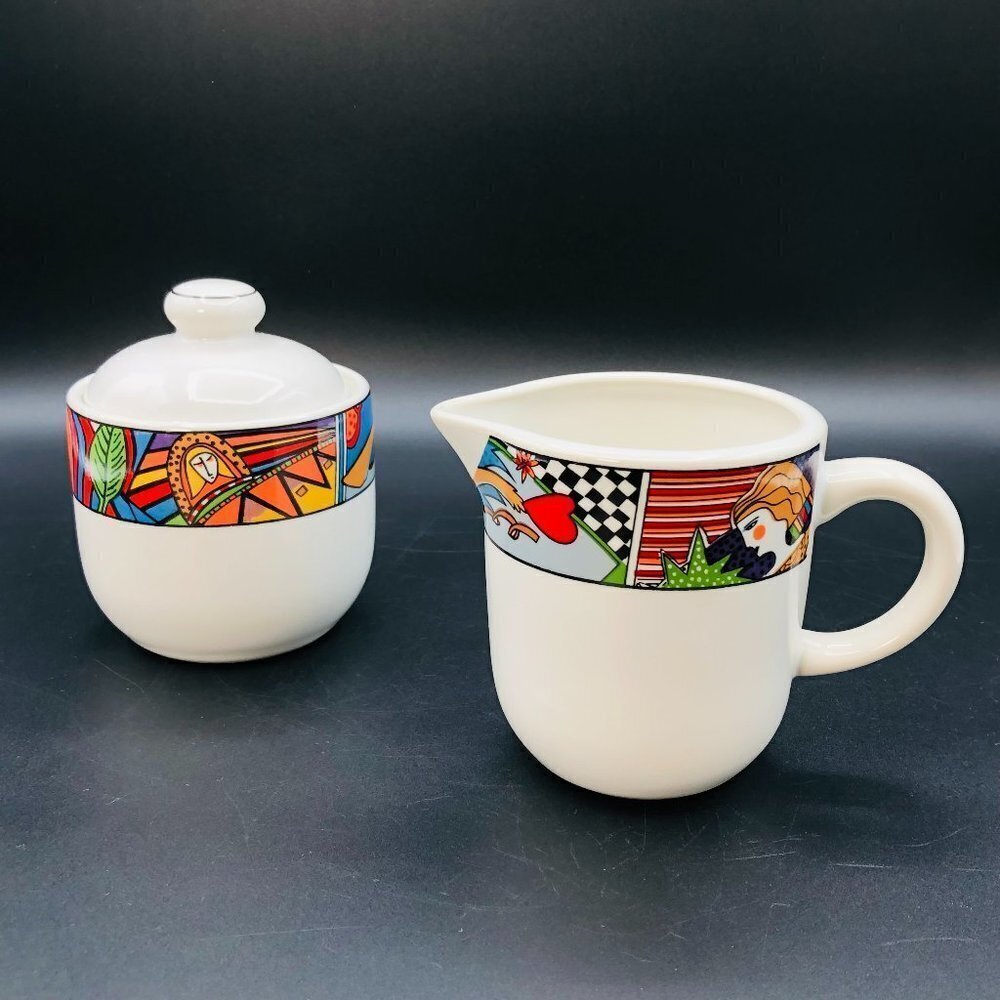 90s Vitromaster Metropolitan Creamer Sugar Set Retro Stoneware Feminine Figure
